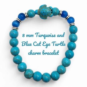 8 mm Turquoise and Blue Cat Eye bracelet with Turtle charm